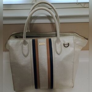 Brahmin Cream and Brown Tote with Navy Accents
